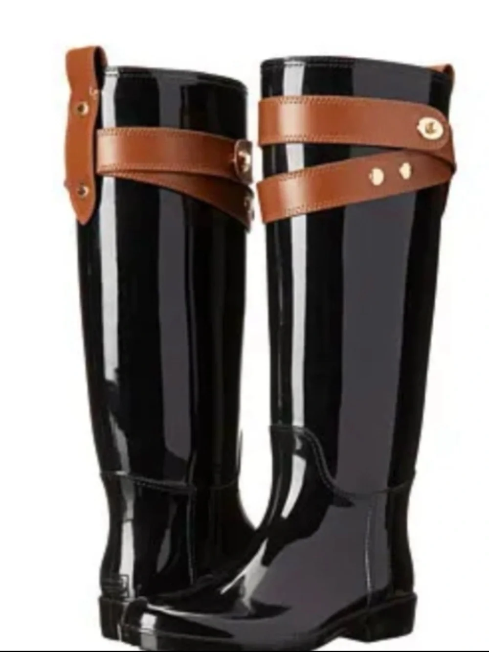 Coach Talia Knee High Rain Boots Size 10 Glossy Black Tall Town Country Preppy